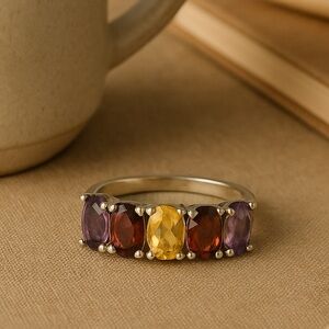 Five Stone Oval Natural Gemstone Garnet Citrine Amethyst 925 Silver EUC 8 #384
